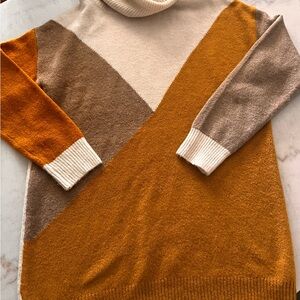 Silverflint Women's Color Block Tunic Sweater Beige/Yellow/Gold Cowl Neck Size M